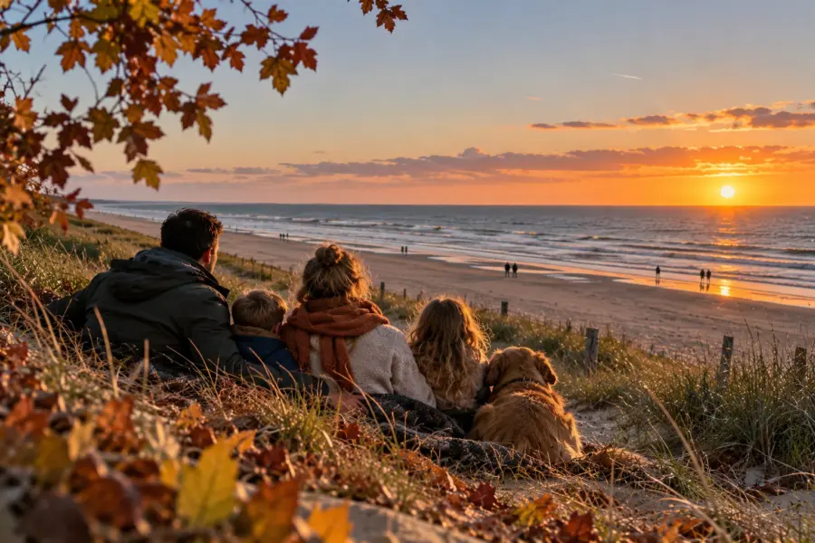 Familie geniet van zonsondergang aan zee