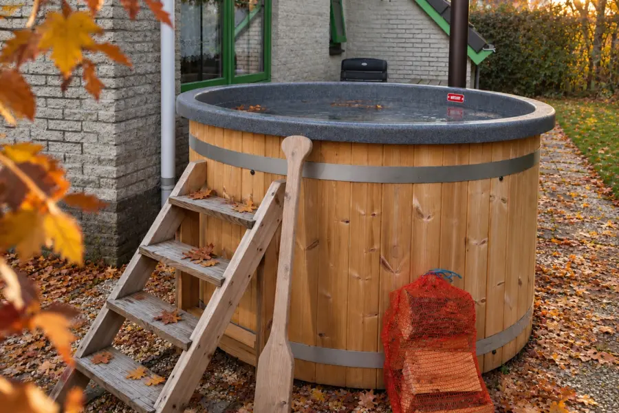 Herfstzon bij de houten hottub