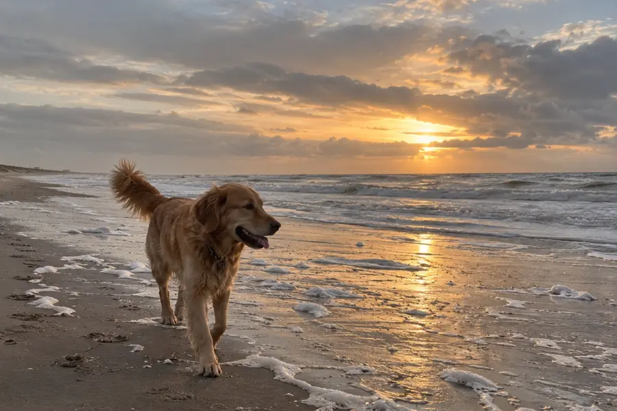 Gouden retriever bij zonsondergang op het strand 1